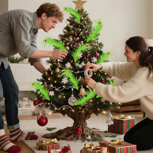 12 Pcs Christmas Tree Topper, 17 Inch Grinchmas Christmas Decorations Red Green Elf Tree Ornaments for Christmas Picks Furry Cute Funny Xmas Decor