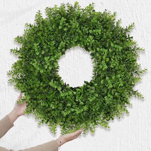 JDKPK 26 Inch Green Boxwoods Wreath for Front Door - Artificial Outdoor & Indoor Greenery, Farmhouse Decor