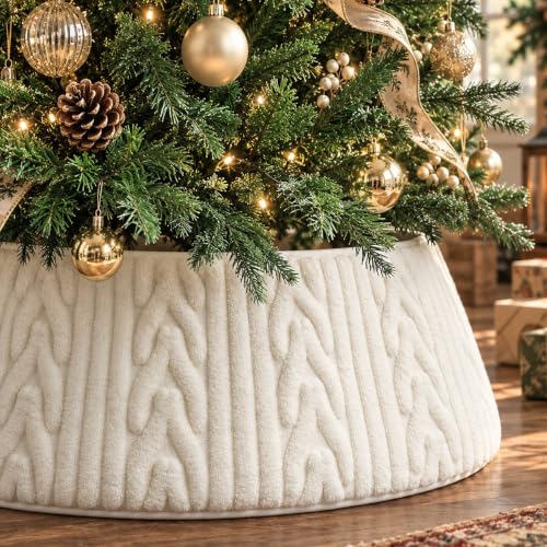 White Plush Tree Collar 28in Christmas Tree Skirt with Thick Herringbone Pattern - Bunny Chorus