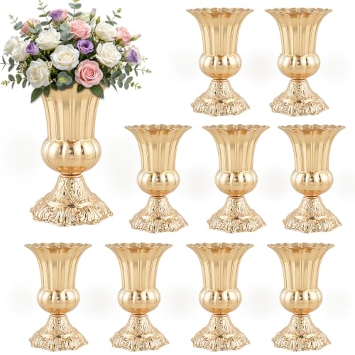 French Gold 8.4-inch Set of 10 Metal Trumpet Vases for Centerpieces - JOYLIGHTORIGINALS