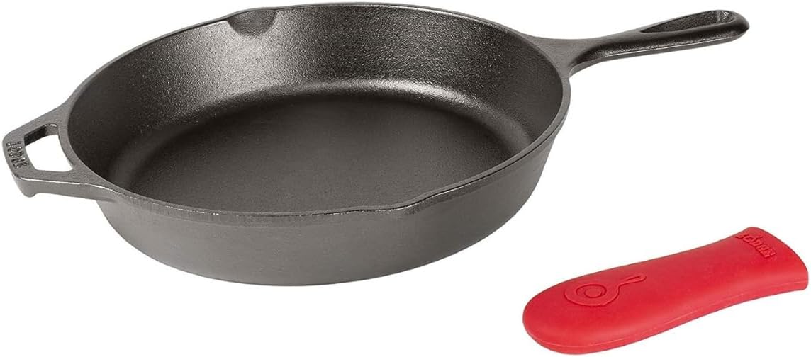 Lodge Cast Iron Skillet - 10.25-Inch with Red Silicone Hot Handle Holder for Safe Cooking
