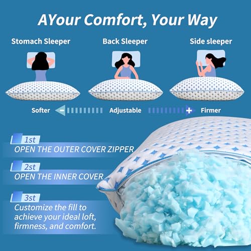 King Size Cooling Shredded Memory Foam Pillow Set of 2 - Adjustable Loft & Support