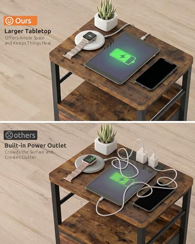 Rustic Brown Nightstands Set of 2 with Charging Station, Bedroom Night Stands