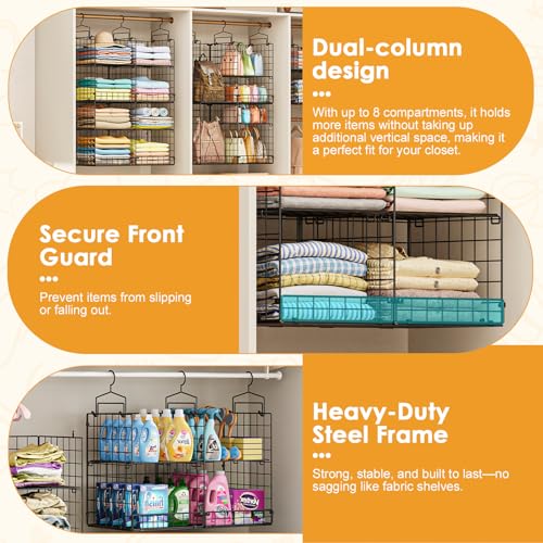 Heavy Duty Metal Closet Organizer with Adjustable Dividers & Hooks - Split into 2 Units