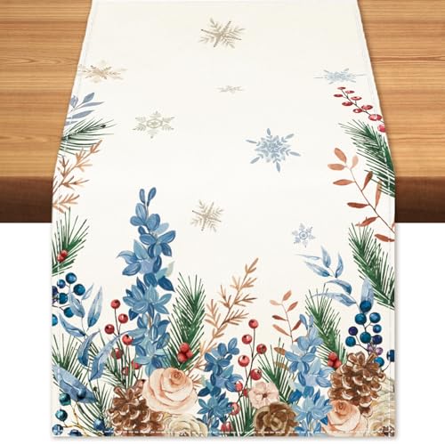 Winter Frosty Roses Table Runner 13x36 in Pine Branch Berry Burlap | Cloudfomila — Christmas Holiday