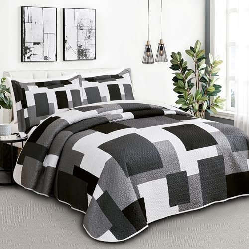 Tyrot Black Grey Patchwork Quilt Set Full/Queen Size Bedding with Pillow Shams