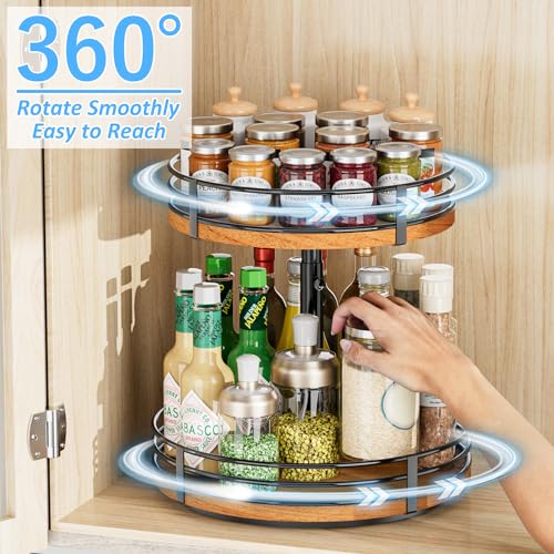 Adjustable 12 Inch 2 Tier Wooden Lazy Susan Turntable Organizer for Kitchen & Home Storage