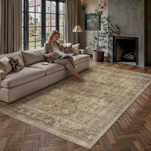 Accent Brown 8x10 Area Rug - Washable Vintage Neutral Living Room Carpet
