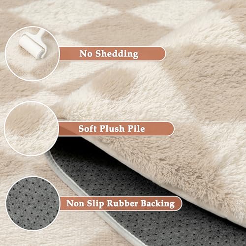 Boho Beige 8x10 Area Rug for Living Room - Soft Checkered Shag Carpet