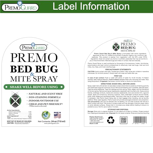 Premo Guard Bed Bug & Mite Killer Spray 24 Fl Oz - Natural, Safe, University Tested