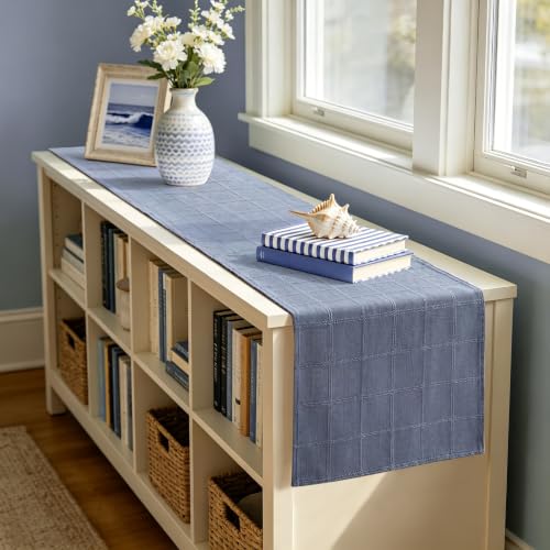 Yuboo Dusty Blue Checked Table Runner 13x72 Inch Fall Linen Blend Decor