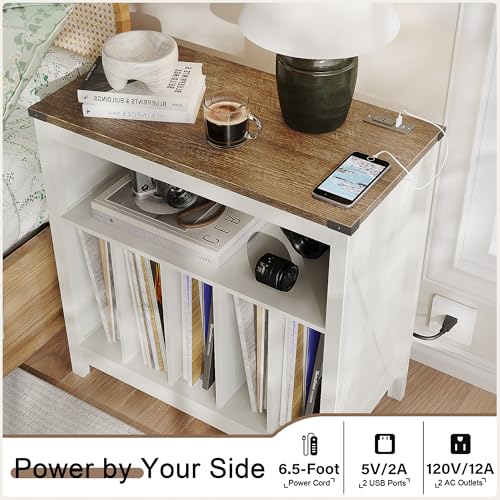 ChooChoo Antique White Large Record Player Stand with Charging Station & LED Light