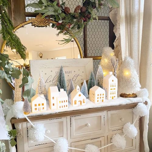 Christmas Village Set with 5 Lighted Ceramic Houses & 9 Mini Trees - Farmhouse Holiday Decor