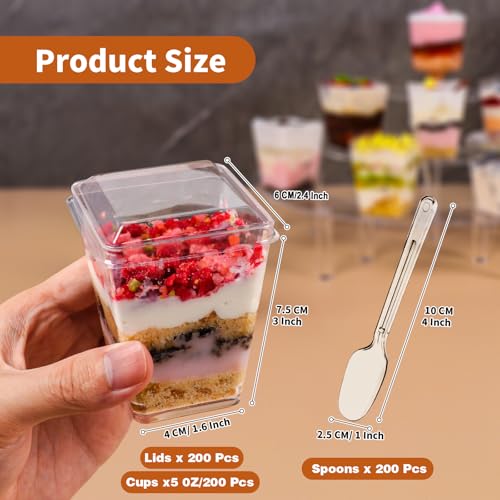 600 Pcs Clear Dessert Cups with Lids and Spoons - 5 Oz Square Plastic Food Storage