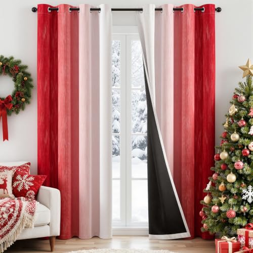 MIULEE 52W x 84L Ombre Blackout Curtains, Red & Greyish White, 2Pcs - 100% Darkening