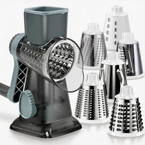 KEOUKE Rotary Cheese Grater 6-in-1 Hand Crank Shredder & Slicer - Grey Blue SP
