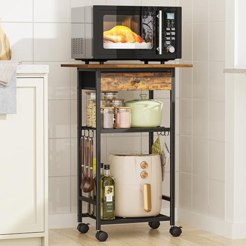 Draelibor Rustic Brown 4-Tier Microwave Cart with Adjustable Shelf & Drawer - Kitchen Utility Storage Stand