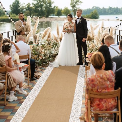20ft Natural Burlap Wedding Aisle Runner with Lace Edges - Moonoom