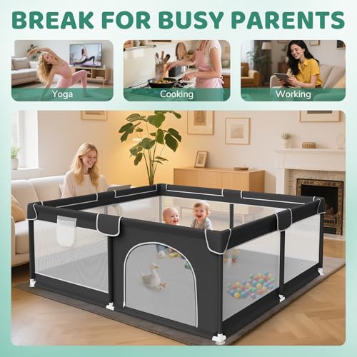 Black Baby Playpen 79x71 Inch Indoor Outdoor Safety Toddler Enclosure