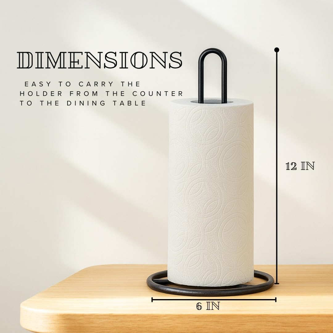 Divine Glance Premium Paper Towel Holder, Modern Heavy Duty Freestanding Standing Kitchen Roll Dispenser with Anti Slip Weighted Base Countertop Paper Roll Organizer - Black (Open Cut Design)