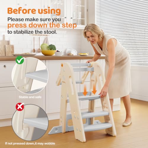 Onasti Foldable Toddler Kitchen Helper Tower - Adjustable Height Safety Stool, Gray