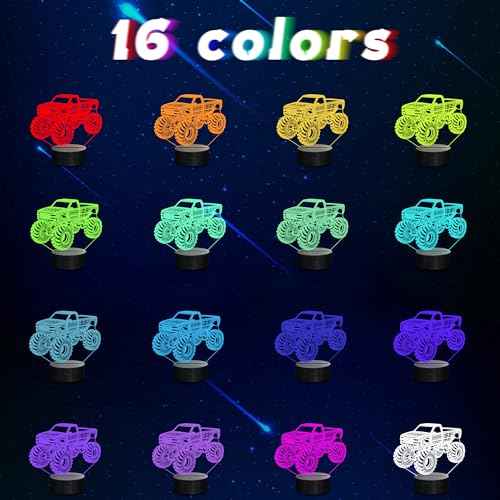 Monster Trucks Night Light for Boys, 3D LED Optical Illusion Lamp with Remote Control and Timer, Perfect Christmas and Birthday Gift Idea for Boys, Kids, and Teens
