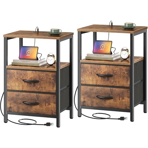 Huuger Rustic Brown Nightstands Set of 2 with Charging Stations, 2 Drawers, 15.7x23.6 inches
