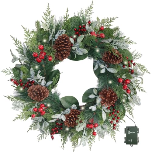 26" Large Christmas Wreath with Lights, Iced Red Berry & Pinecones