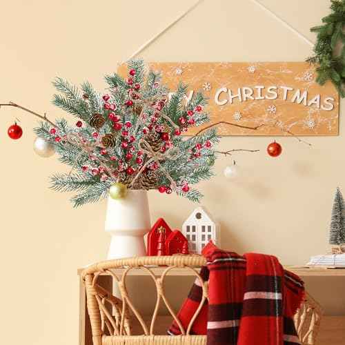 Sggvecsy 15 Pack Snow Frosted Christmas Berries Pine Picks Artificial Red Berry Pine Branches Frosted Faux Pine Stem with Pine Cones Fake Pine Needles for Xmas Tree Wreath DIY Craft Holiday Decor