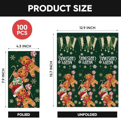 Horaldaily 50 Christmas Disposable Paper Decorative Guest Napkins, Green Gingerbread Man Cane Candy Hand Towel for Party Lunch Dinner Kitchen Bathroom