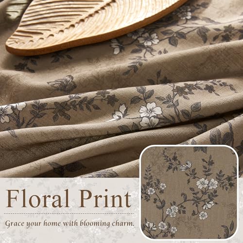 Brown Linen Farmhouse Floral Curtains - 90 Inch, 2 Panels, Khaki Variation