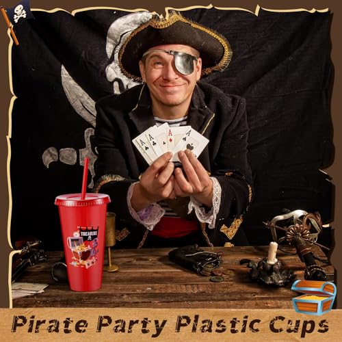 Uiifan 24 Pcs Pirate Plastic Cups with Lids & Straws - 24 oz Reusable Party Tumblers, Pirate Themed Birthday & Holiday Favors, 6 Styles