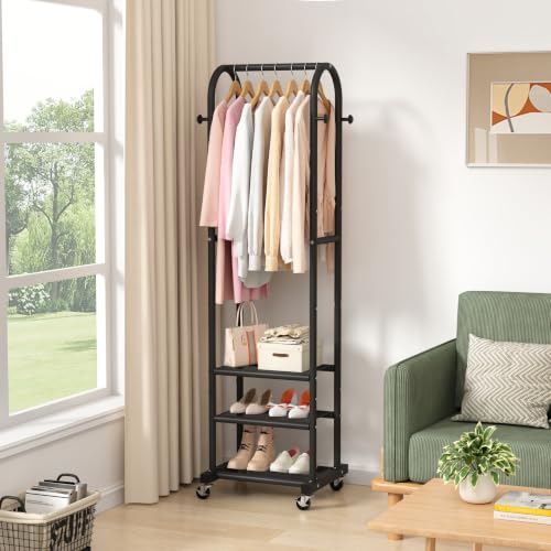 Kaitiemoo Clothing Rack, Mobile Garment Rack with Wheels & 3 Shelves,