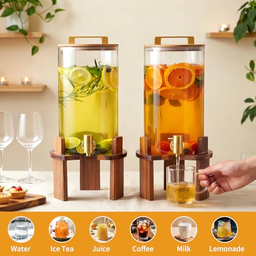 Glass Drink Dispenser Set with Wood Stands - 1.5 Gallon Beverage Dispenser for Parties & Daily Use