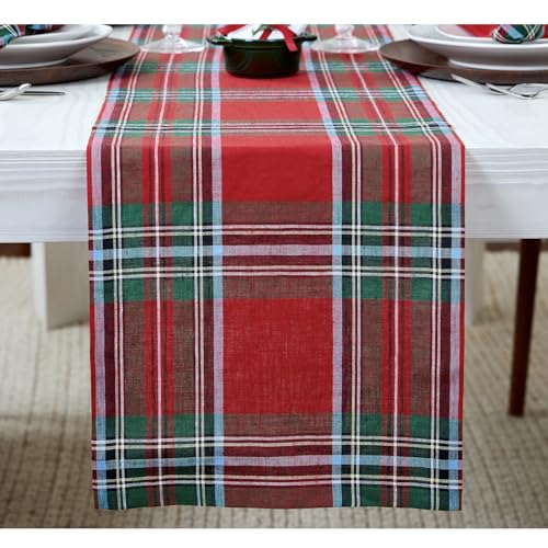 Solino Home 100% Linen Christmas Table Runner 14 x 132 Inches Red Madras Plaid