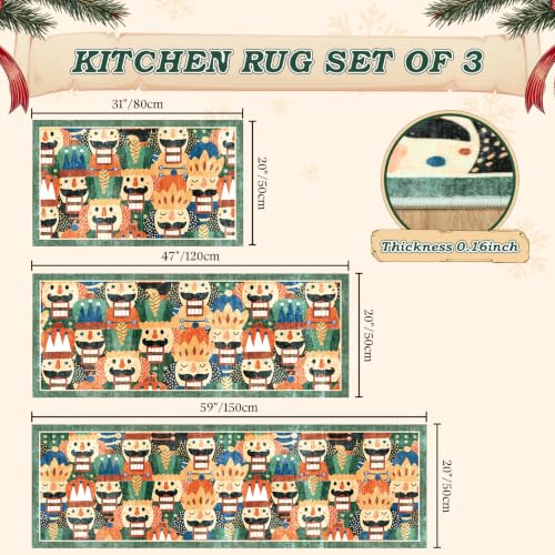 Christmas Nutcracker Kitchen Rug and Mats 3 Piece Non Slip Washable