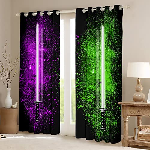 Feelyou Lightsaber Windows Drapes Purple Green Tie Dye Curtains for Bedroom Living Room for Kids Boys Teens Future Technology Curtains Soft Lightweight Room Decoration,42 X 63 Inch,2 Panels