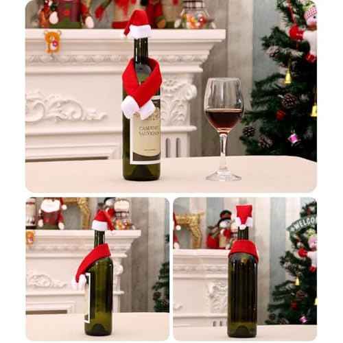 12PCS Mini Santa Hat Scarf Set - Small Christmas Wine Bottle Cover & Hat Scarf for Xmas Bottle Cover Home Decor