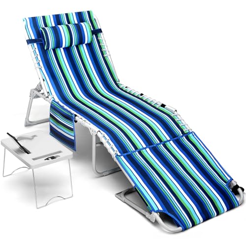Yestomo 3-in-1 Outdoor Beach Lounge Chair with Face Holes & Side Table, Recliner, Flat Lay, Blue