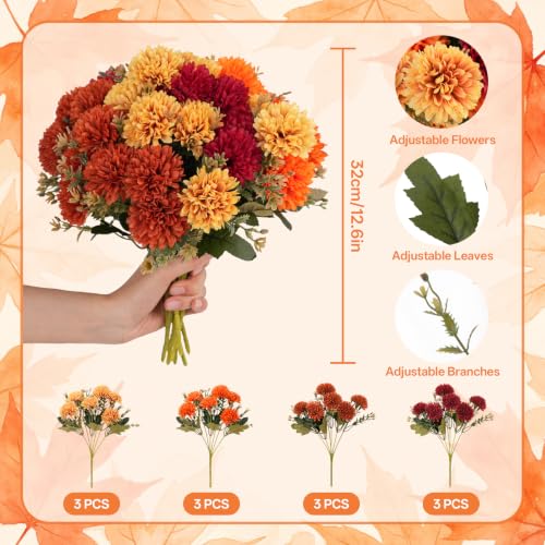 Artificial Fall Flowers 12 Pcs Burgundy Orange Caramel & Yellow Chrysanthemums Outdoor Decor