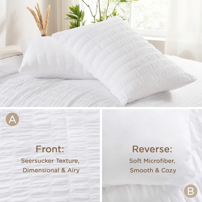 AveLom White Queen Seersucker Comforter Set 90x90 Inches 3 Pieces - Lightweight All-Season Microfiber Bedding