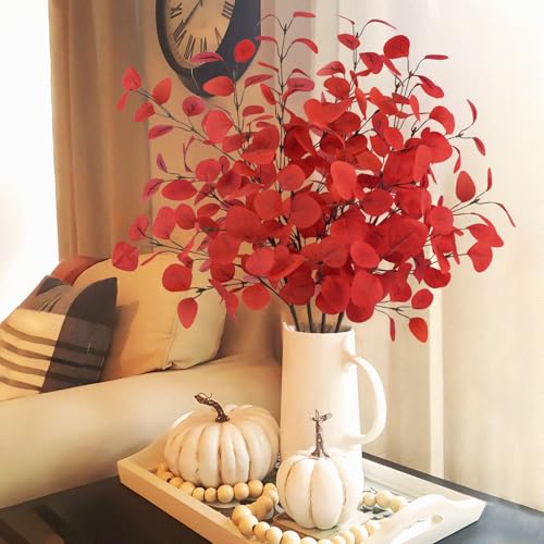 Red Artificial Eucalyptus Leaves Stems 33.8'' for Christmas & Holiday Decor - Set of 4