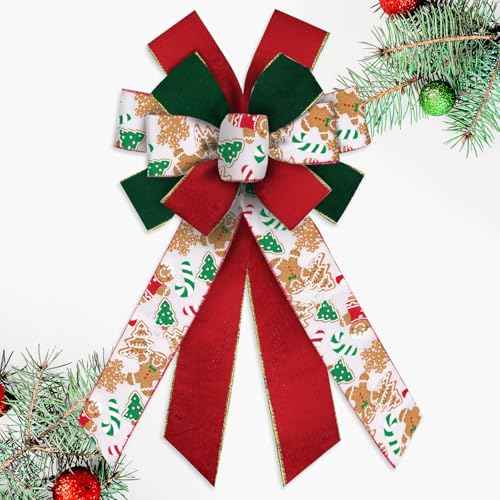 Large Christmas Bow for Wreath, 11.42 in 20.86 in Gingerbread Cookies & Candy Canes Ivory Wired Craft Bow for Christmas Tree, Gift Wrapping, Holiday Home Decor