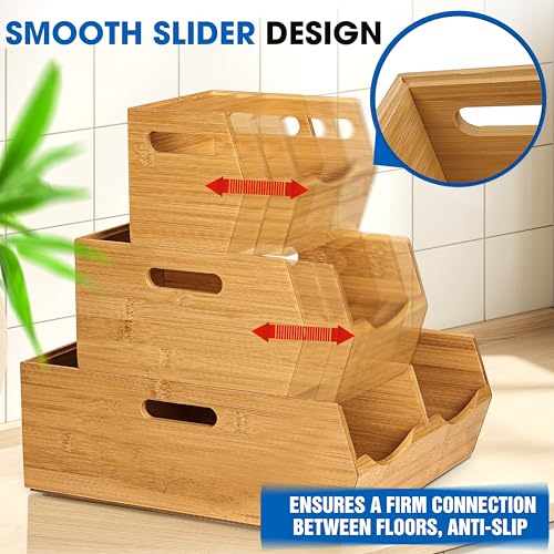 3-Tier Stackable Bamboo Pantry Storage Bins for Fruits Vegetables & More
