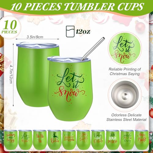 Uiifan 10 Pack Green Christmas Tumblers 12oz Stainless Steel Travel Mugs with Lids & Straws