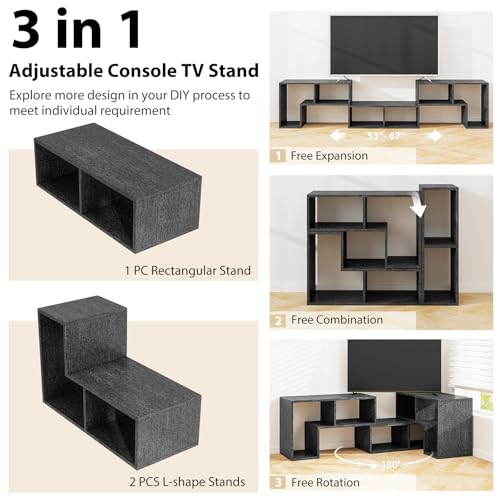 Tangkula Black Wood Grain 3-Piece TV Console Set for 50-65 Inch Flat Screen, DIY Media Storage