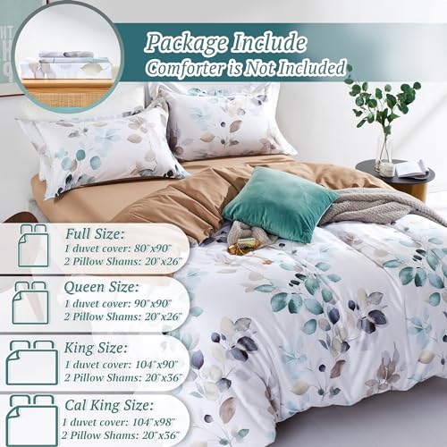 Queen Duvet Cover Set with Floral Green Leaves - White Brown Variation - 3pcs
