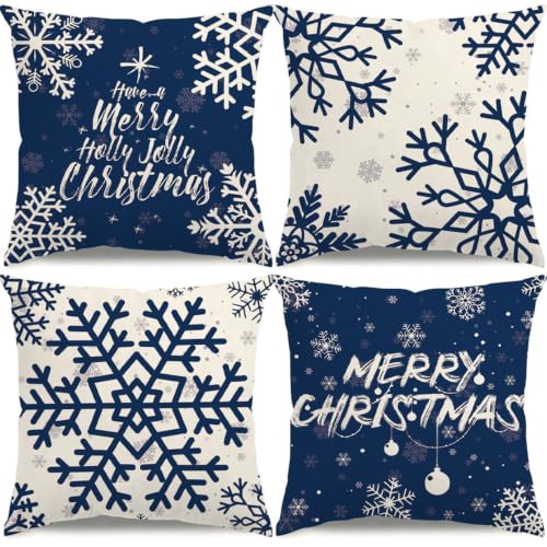 Blue Merry Christmas Snowflake Pillow Covers 18x18 Inch, Set of 4 - 18" Square