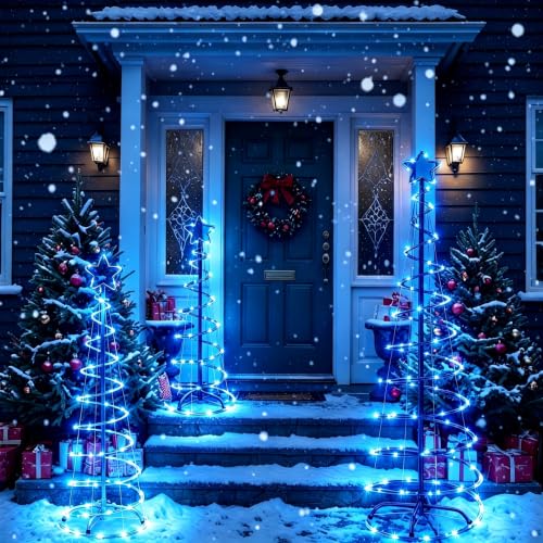 FLAGLY Blue 3-4-5FT Lighted Christmas Spiral Trees Set with Stakes – Indoor & Outdoor Holiday Decor