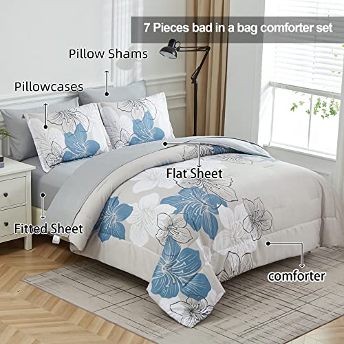 Queen Size Blue Floral Comforter Set with Sheets - 7 Pieces Bedding in a Bag
